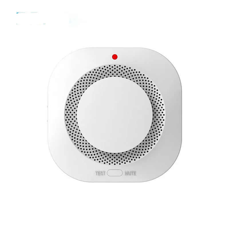 White wireless smoke detector with 433MHz transmission, 9V battery power, and over 80dB alarm.