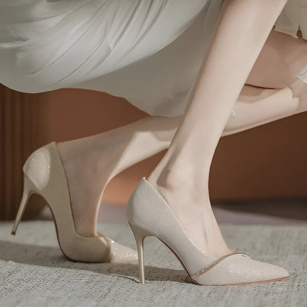 Gold women's stiletto high heel shoes with pointed toe and low-cut PU upper