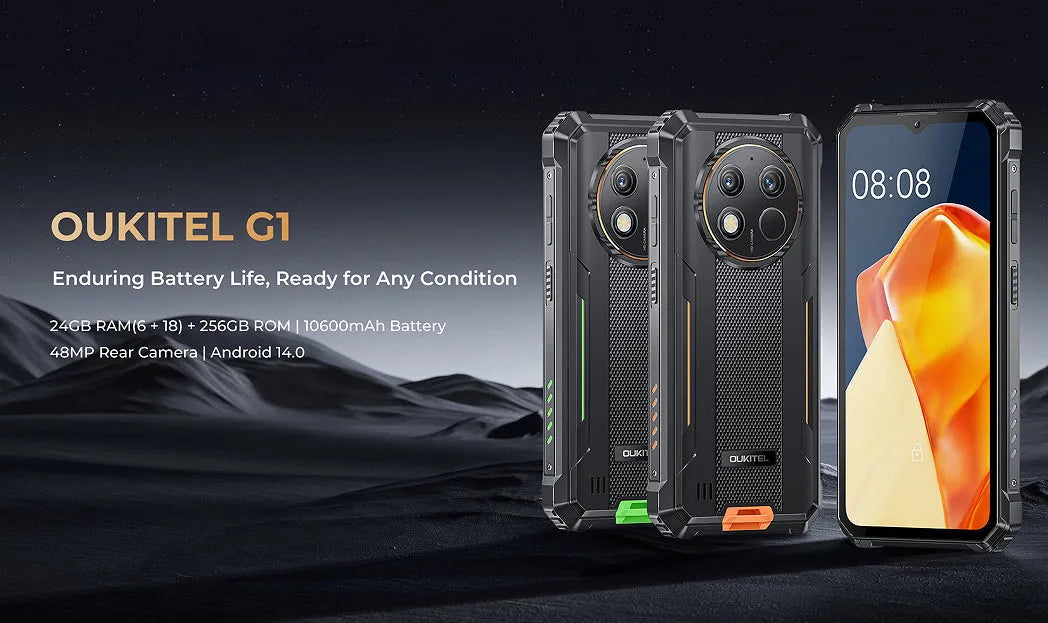 OUKITEL G1 mobile phone in grey, green and orange colours with included charger