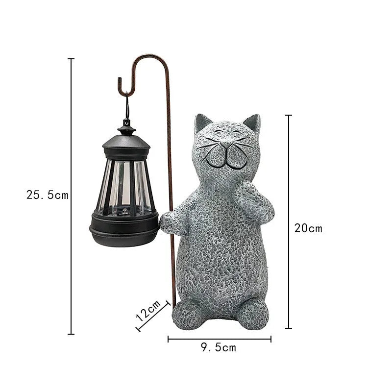 Pastoral style resin solar garden lamp with kitten lifting design for outdoor decoration