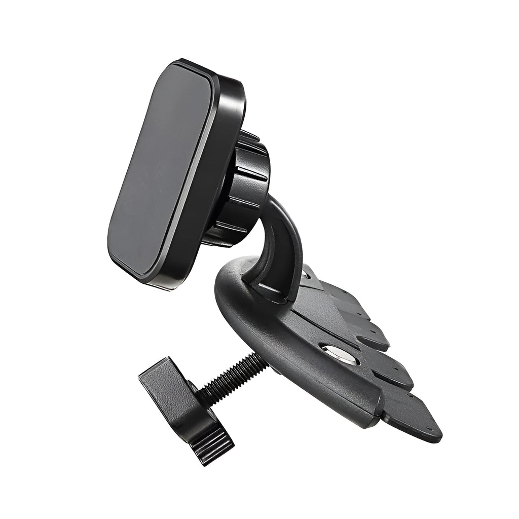 Black car phone holder inserted in CD port with adjustable clamp holding a smartphone horizontally for GPS navigation