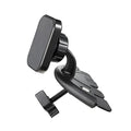 Black car phone holder inserted in CD port with adjustable clamp holding a smartphone horizontally for GPS navigation