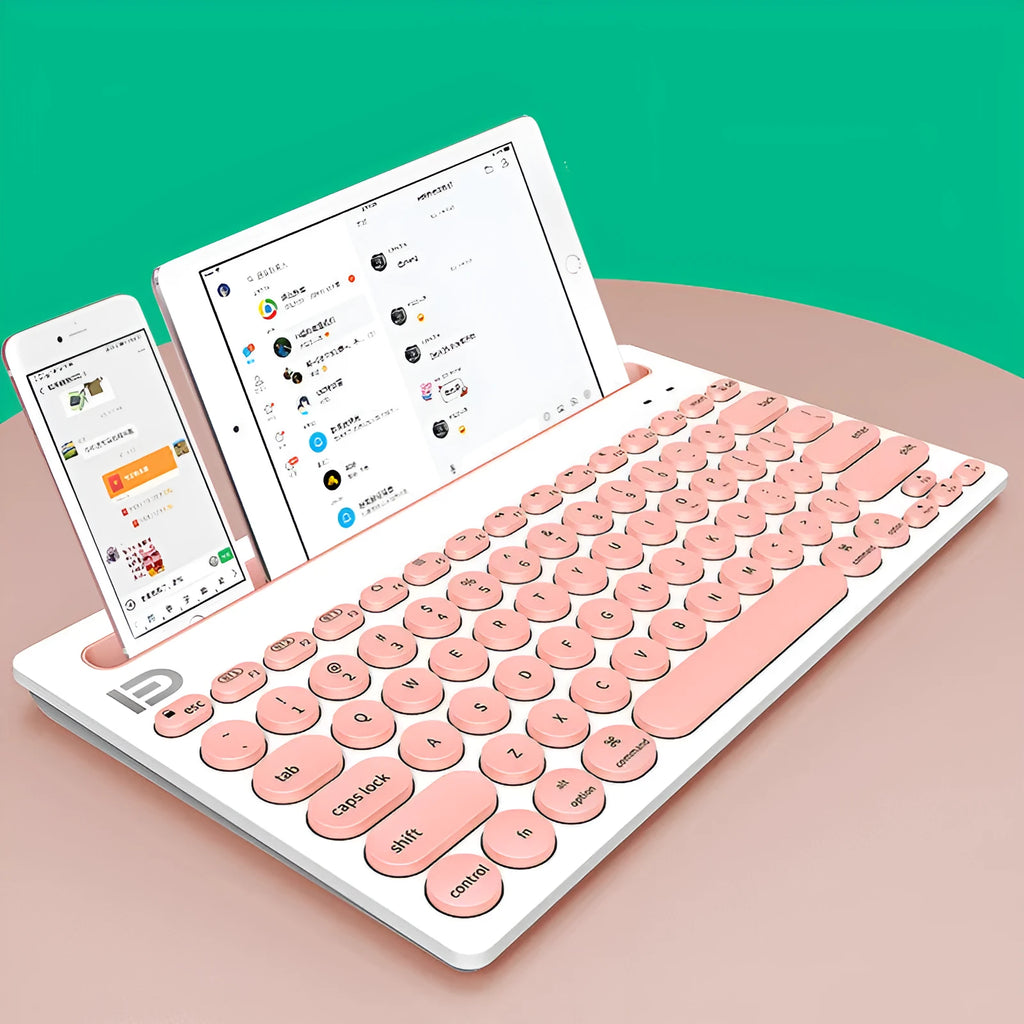 Wireless Bluetooth keyboard in black and pink colours, ultra-slim 22mm profile, compact 297x178mm size for home and office use