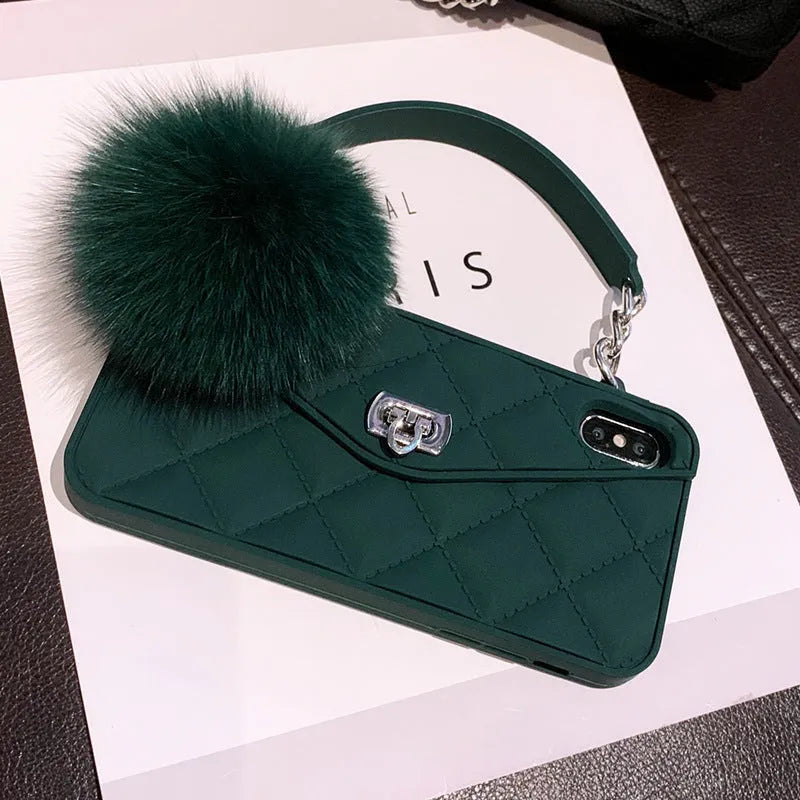 TPU hairball plush back cover case for iPhone in dark green grid pattern