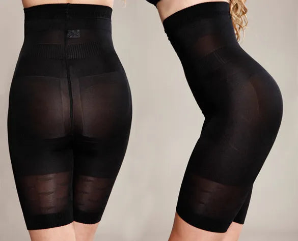 Women's seamless high-waist shapewear shorts for tummy control in black and nude colours.