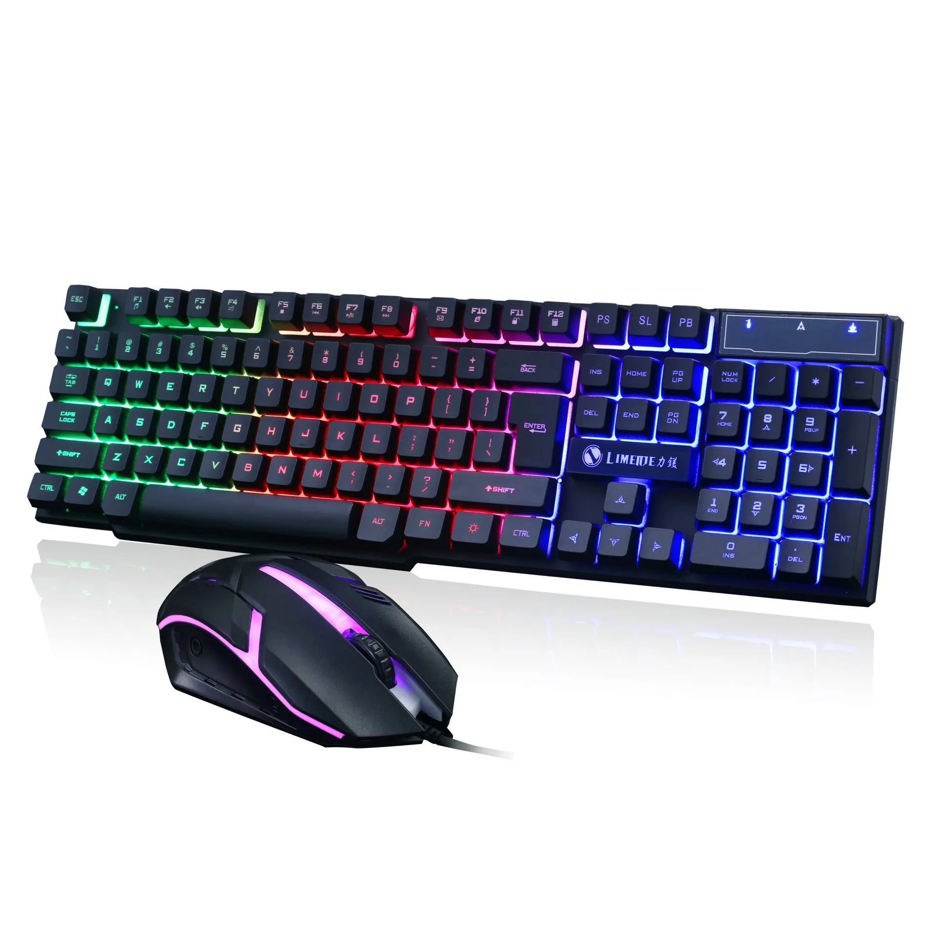 Limei Gtx300 white and black wired keyboard and mouse set with backlit keys on a desktop.