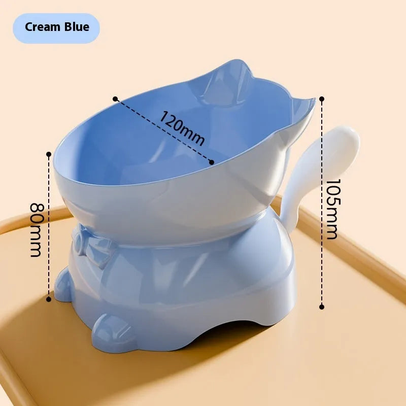Stainless steel cat bowl with a slanted black base, showing its wide, shallow food dish.