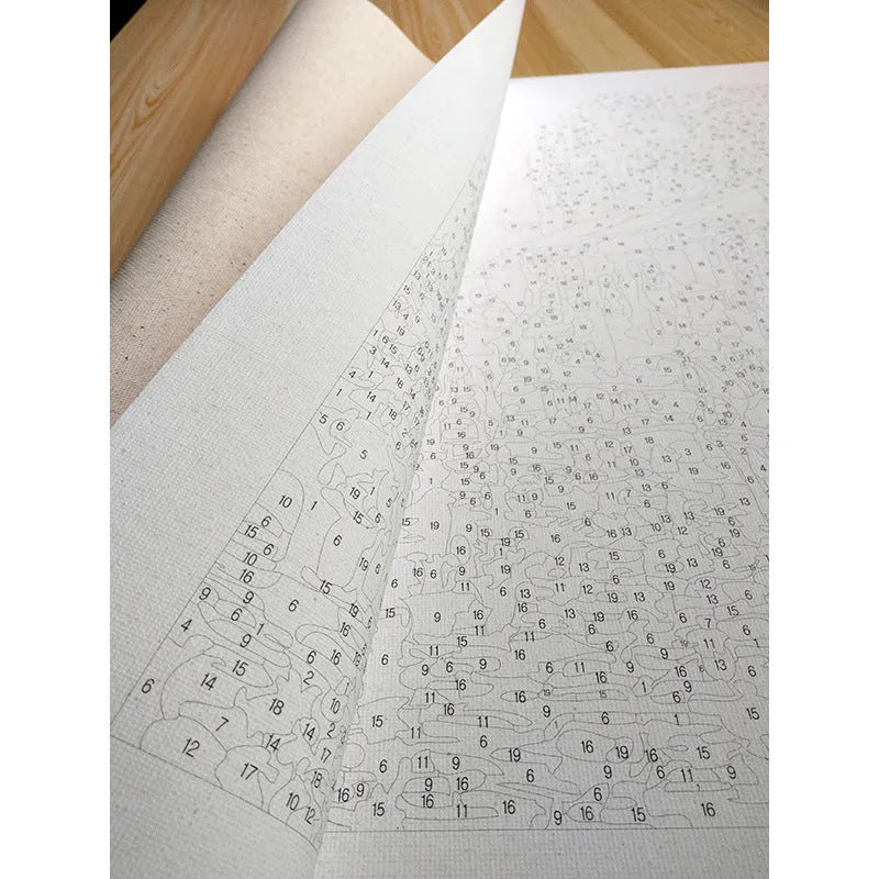 DIY Paint by Numbers kit showing 40x50cm linen canvas with landscape design, acrylic paints, and optional wooden stretcher frame.