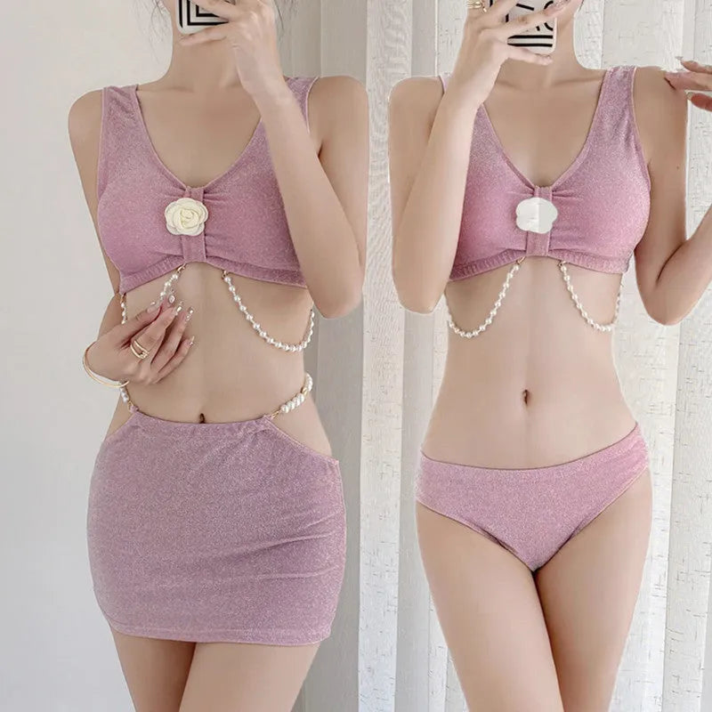 Bear Vacation three-piece bikini swimsuit in black or pink with backless briefs design