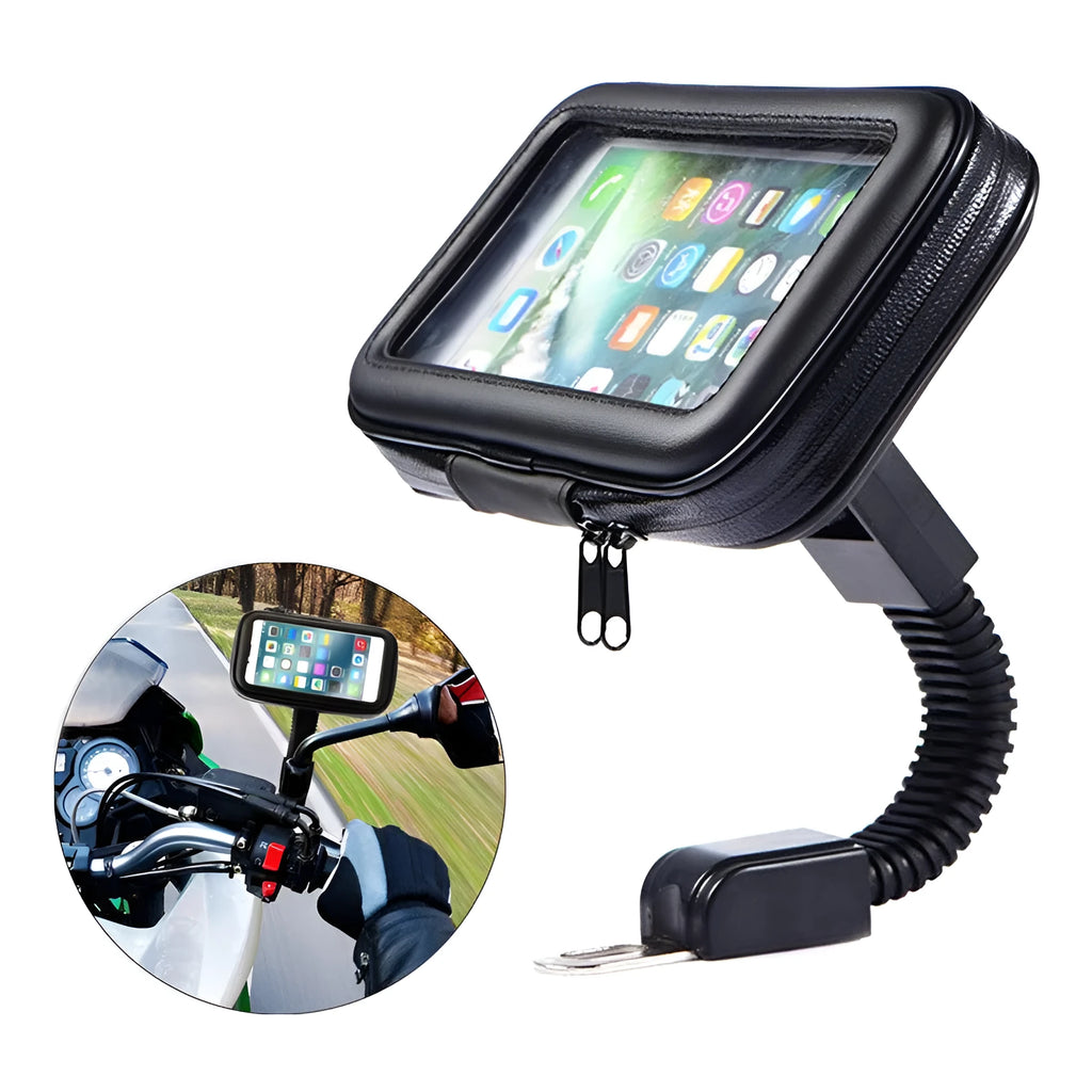 Waterproof bicycle phone holder mounted on handlebars with transparent touch screen window, three size options for 4.7 to 6.3 inch smartphones