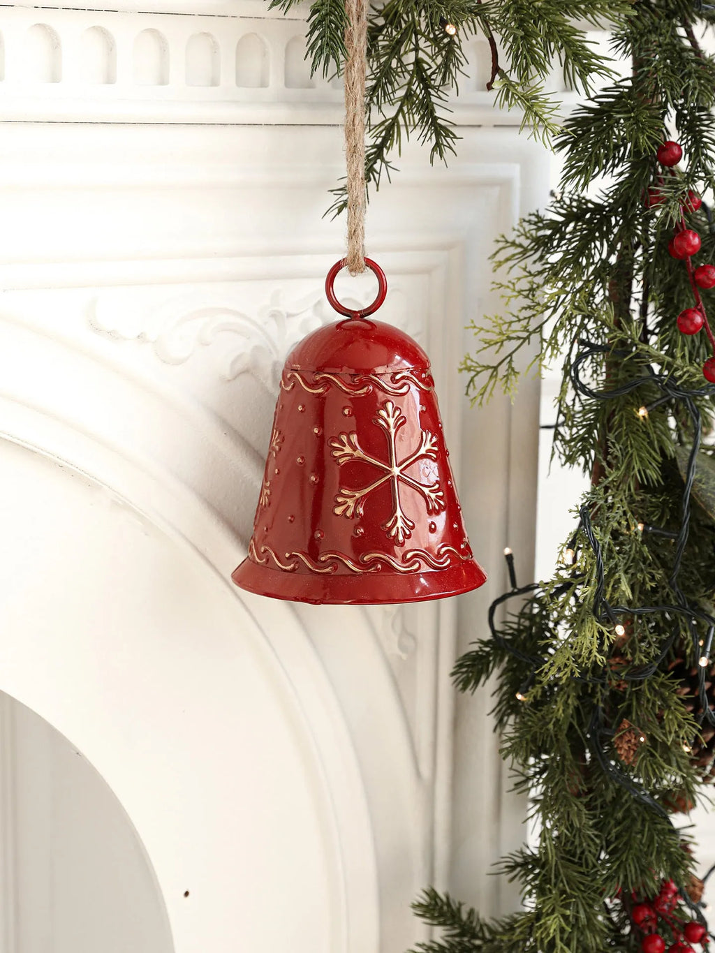 Christmas iron bell ornament with Santa Claus and snowman design in gold finish