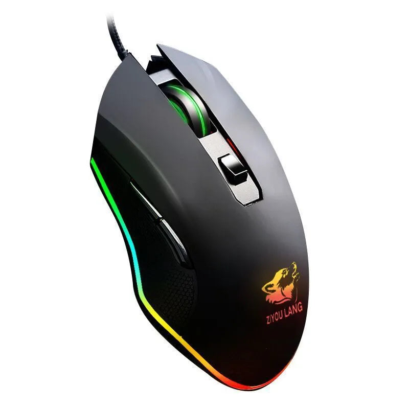 Black RGB wired gaming mouse with ergonomic shape and full-colour lighting effects on a desk setup