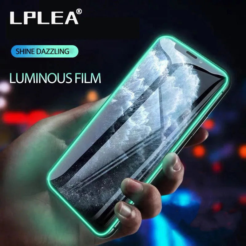 Luminous full cover tempered glass screen protector glowing softly next to an iPhone.