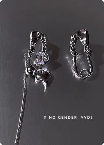Asymmetrical textured stud earrings for women, copper and zircon, 7cm long and 3cm short, silver or gold plated