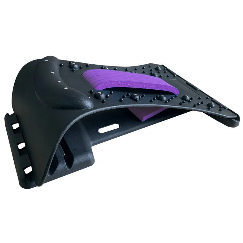 Adjustable back massager stretcher with magnetic therapy points on a black and purple background.