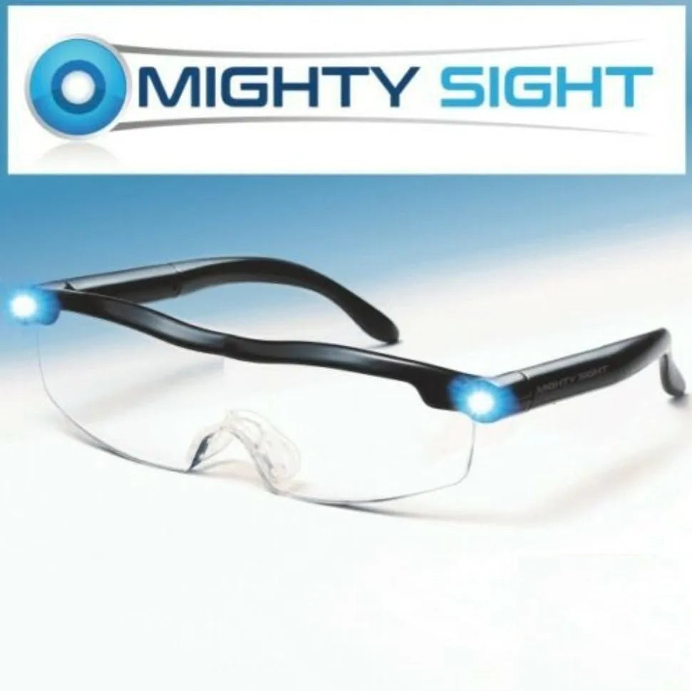 Transparent black USB rechargeable reading glasses with integrated LED light on a dark surface