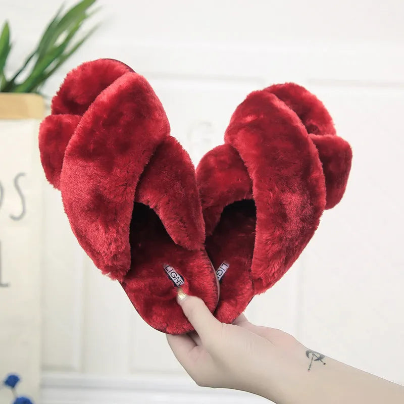 Cross open-toe fur slippers in multiple colours showing the personalised toe design and non-slip patterned sole.