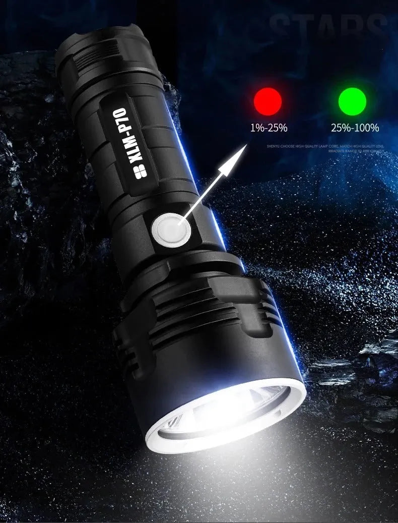 Rechargeable 20W LED torch with aluminium alloy body, focusing beam, 200-500m range, and charger