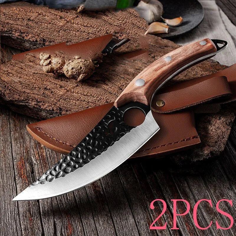 Small curved scimitar slaughter knife with leather sheath for pig butchering