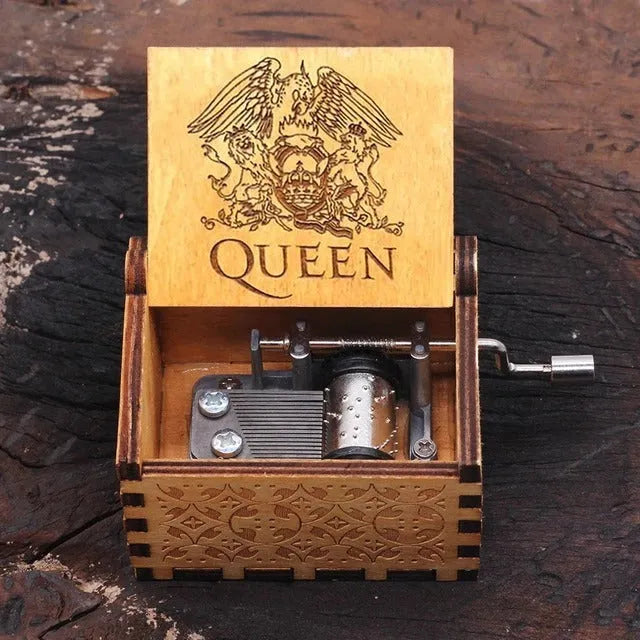 Antique carved boxwood hand crank music box with engraved landscape flower pattern for Christmas, birthday or party decoration.