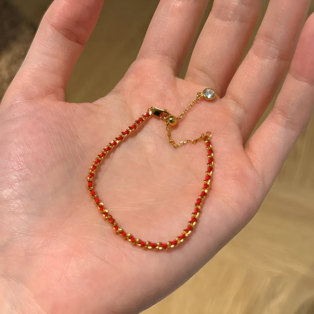 Women's 925 sterling silver bracelet with gold electroplating and red rope lucky charm, simple geometric style