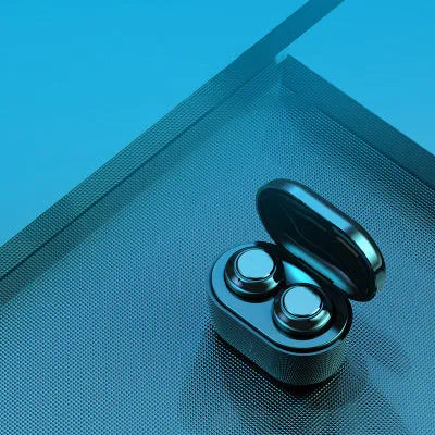 Black wireless stereo Bluetooth in-ear headphones with earplug design for hands-free calls and music.