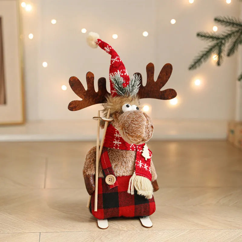 Cartoon plush elk decoration with retractable design in grey sled elk style, made from soft cloth for Christmas home décor.