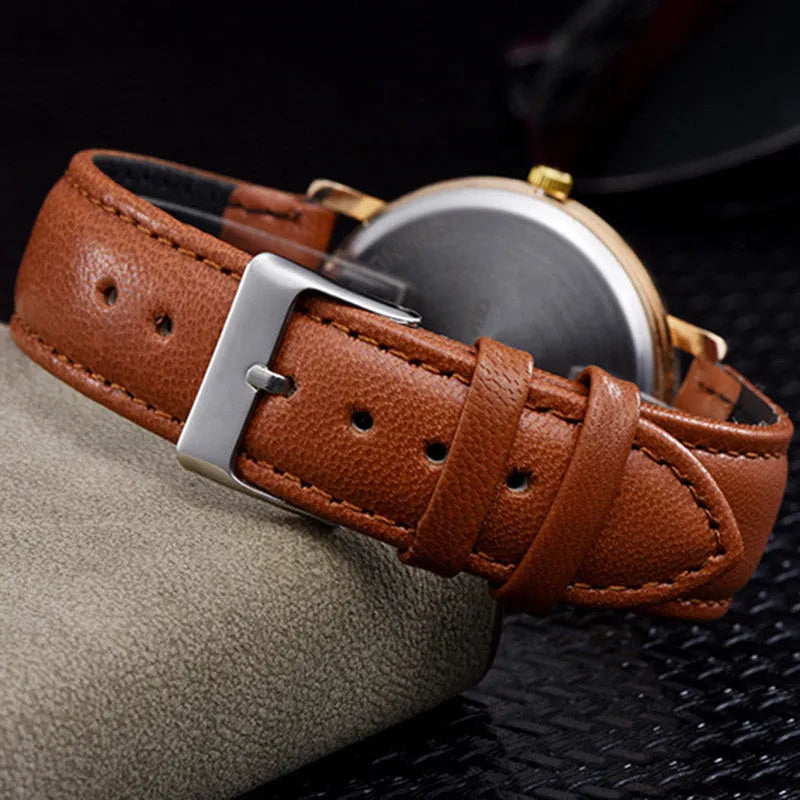 Love Tree casual quartz watch with leather strap, round 38mm dial, and pin buckle in black colour