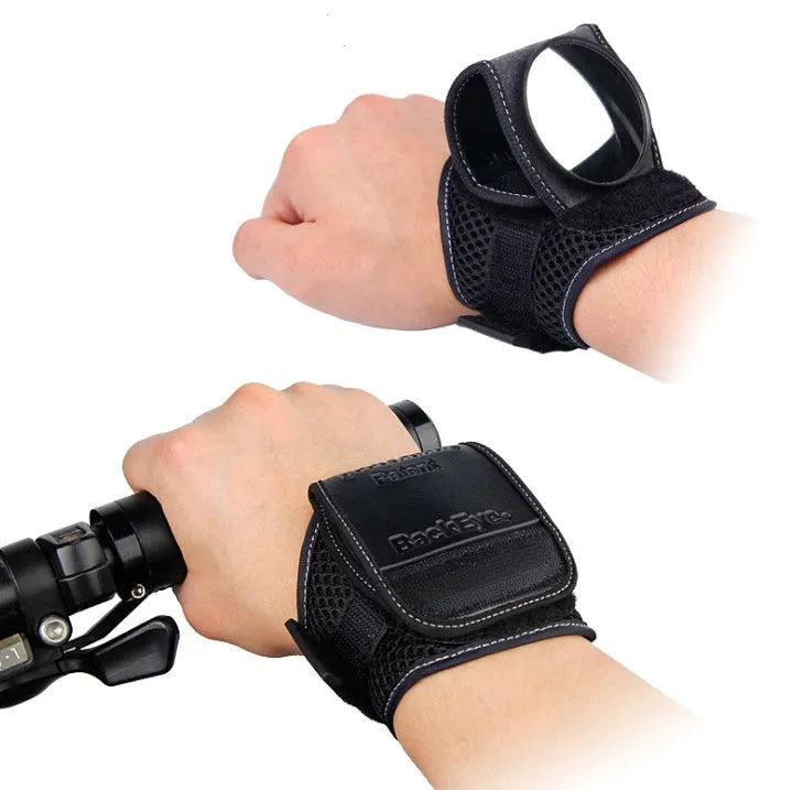 Bicycle rear view mirror on arm strap with wide-angle convex lens, black colour, 5 cm mirror diameter