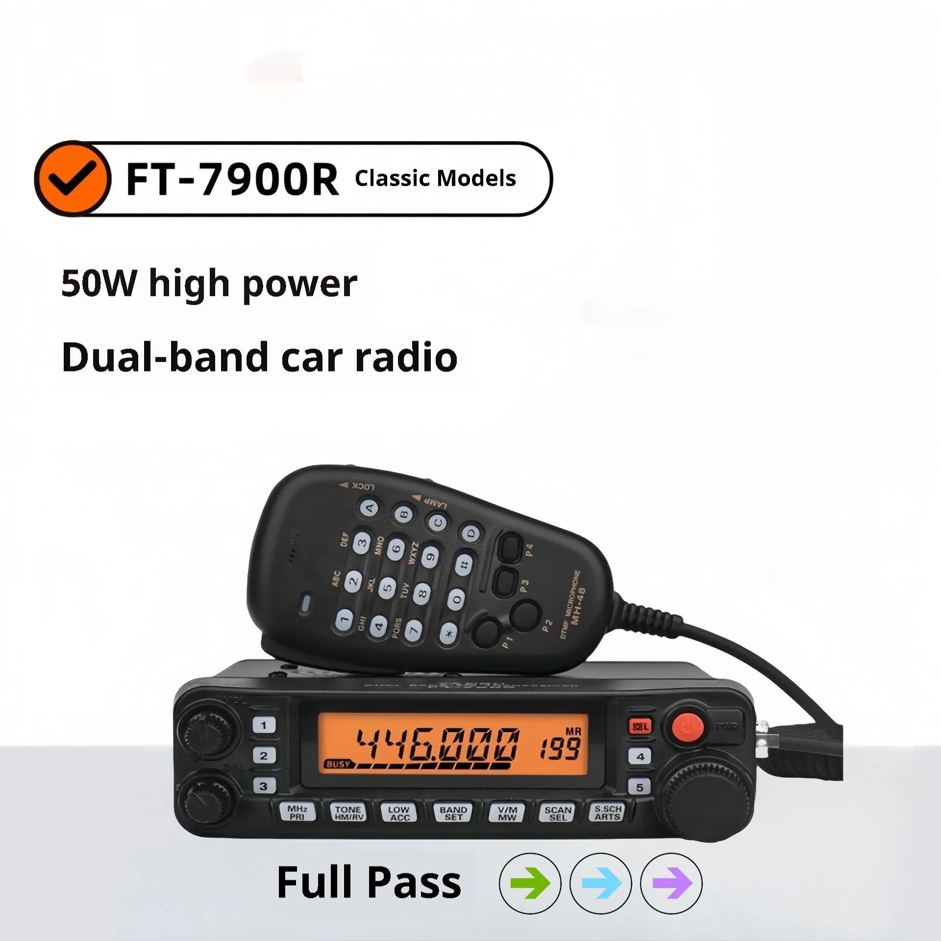 High-power car interphone radio unit with 507 antenna and universal clamp for vehicle dashboard mounting.