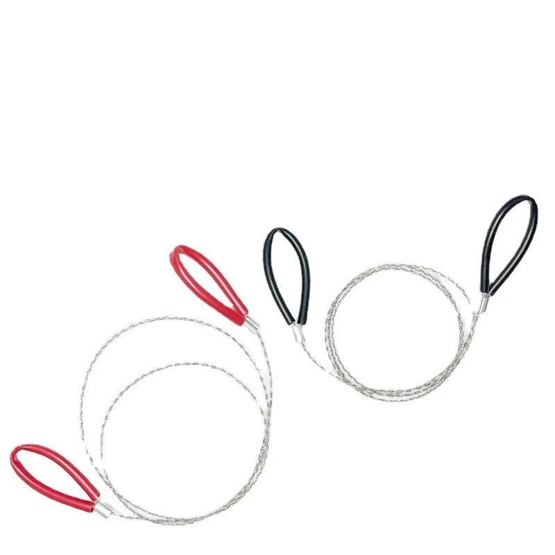 Outdoor survival wire saw with black leather hand case and coiled stainless steel cutting wire.