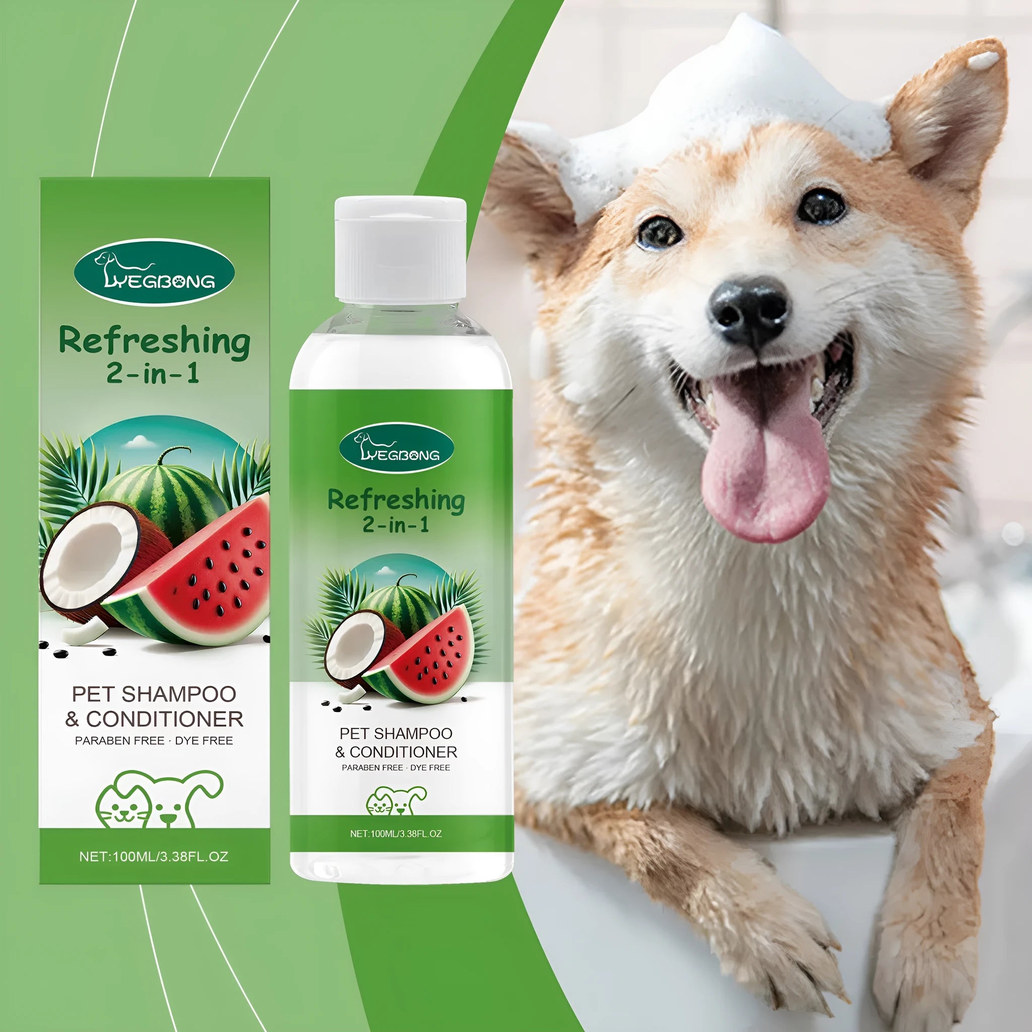 100ml bottle of 2-in-1 pet shampoo and shower gel with coconut extract, measuring 3.8cm wide.