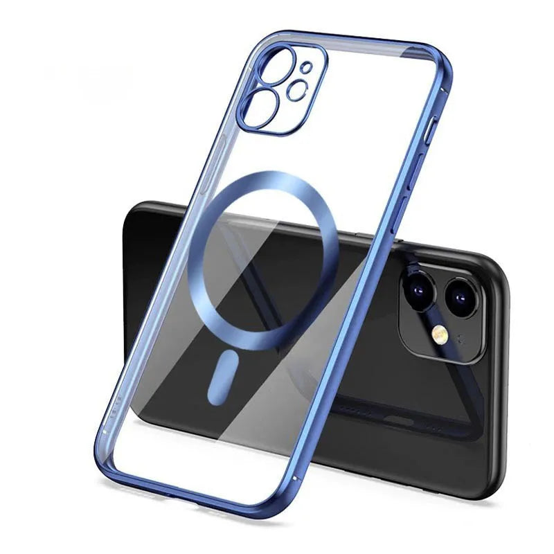 Electroplated magnetic suction mobile phone case for iPhone in silver, blue, black, gold and purple colours.