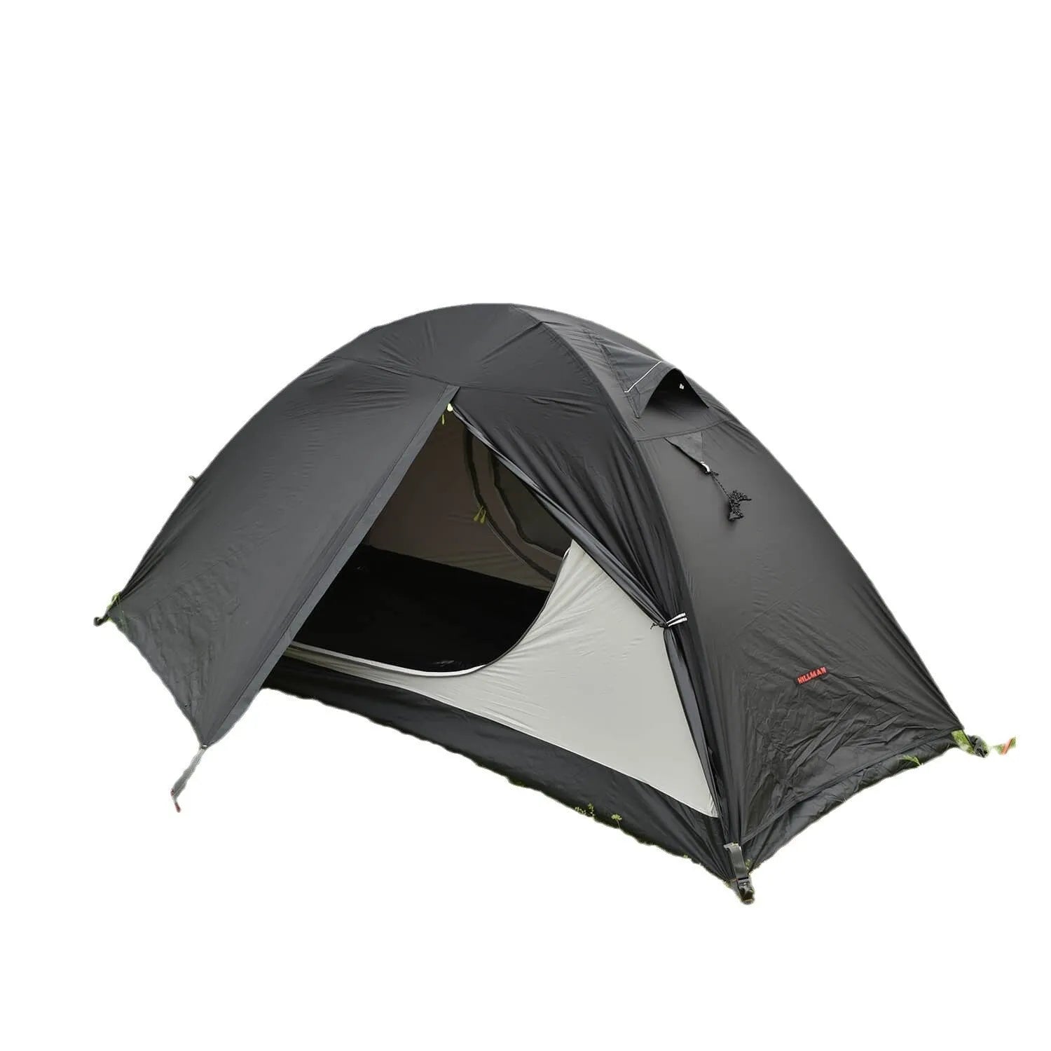 Single-person hiking tent in red pitched outdoors, showing aluminium poles and double-wall design with mesh inner.