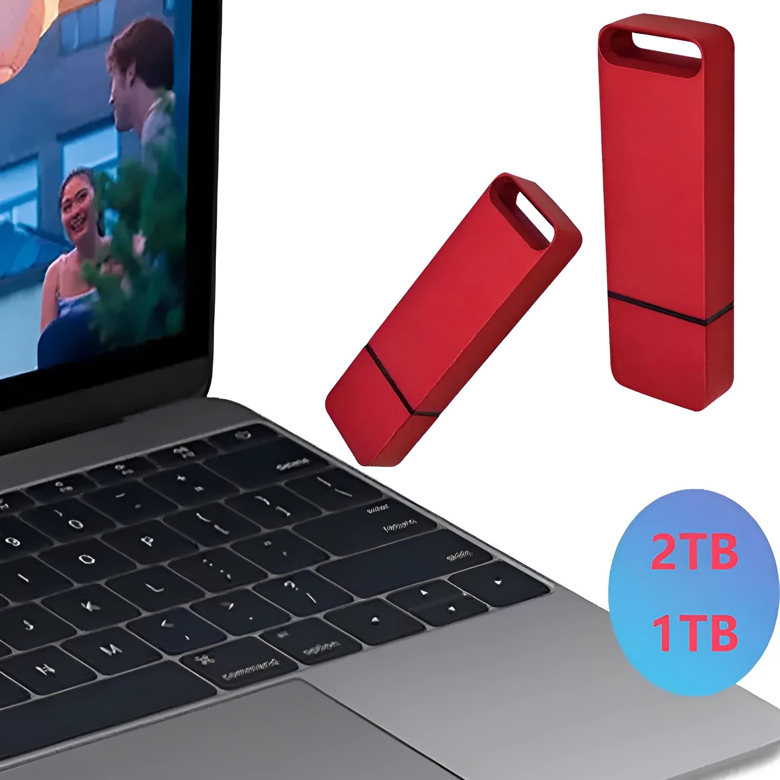 Customisable metal USB flash drive in black, red, or silver, showing high-capacity options from 1TB to 16TB.