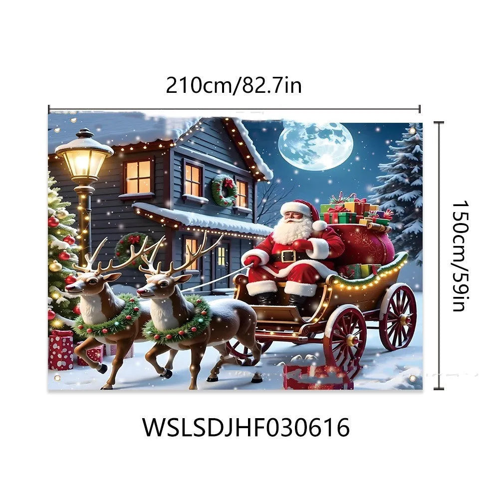 Large red Christmas banner with Santa Claus and gifts, dimensions 210cm by 150cm.
