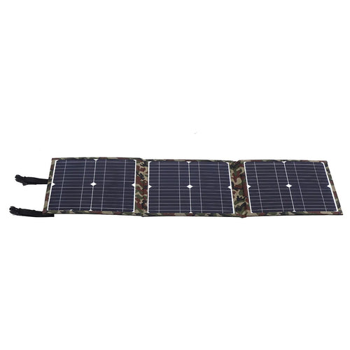 36W black foldable solar panel with monocrystalline cells and charging accessories