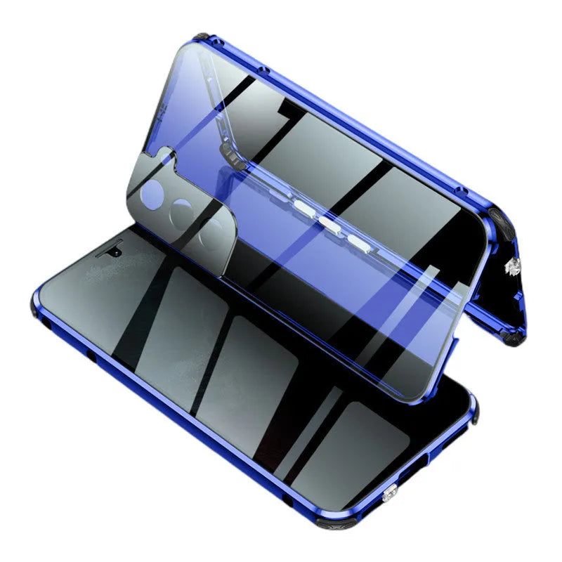 Black anti-peeping magnetic phone case for Samsung Galaxy shown in clamshell open position