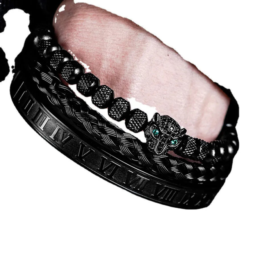 Leopard head titanium steel unisex bracelet with mesh pineapple beads and Roman style in black, gold or silver finish