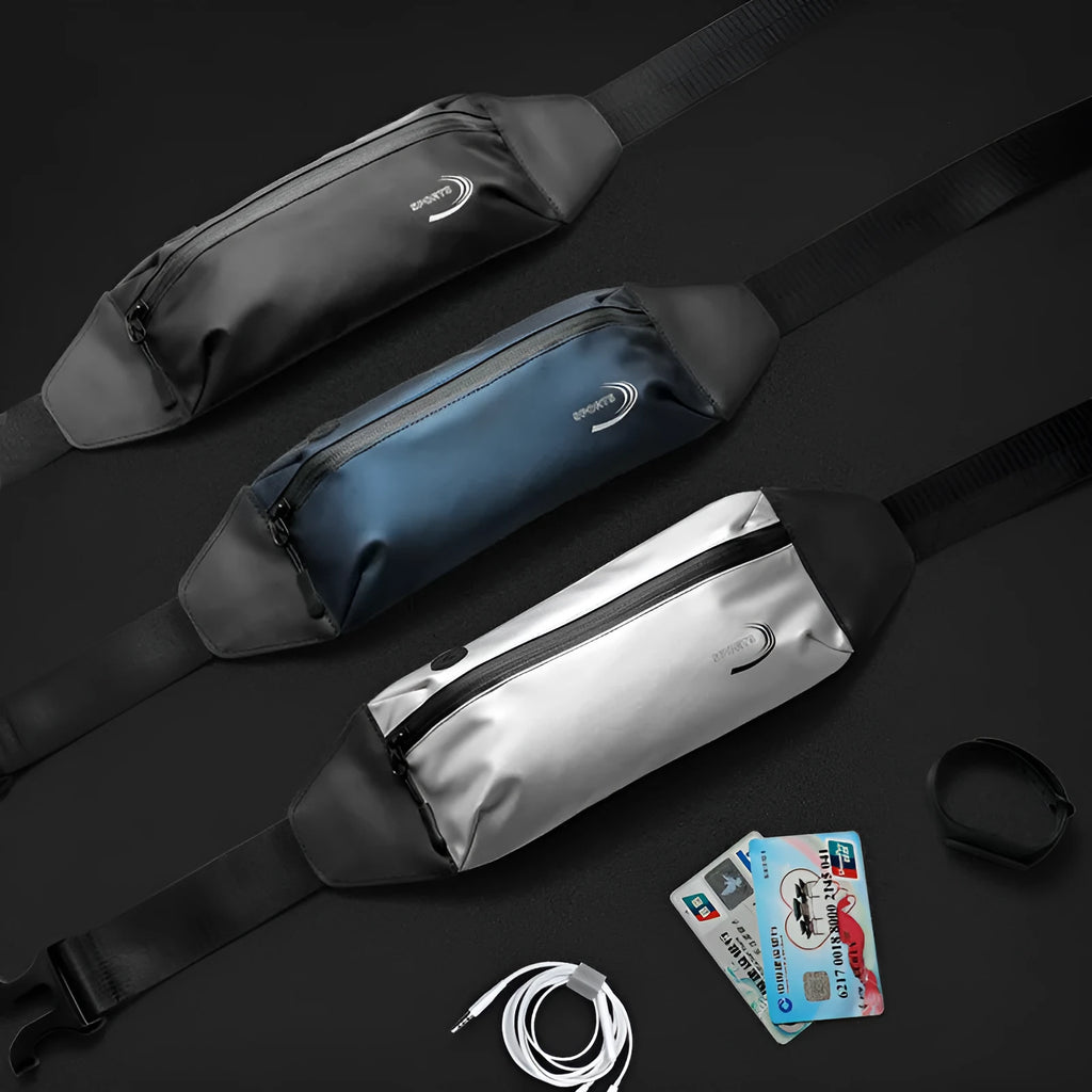 Men's black waterproof waist bag with adjustable strap for sports.