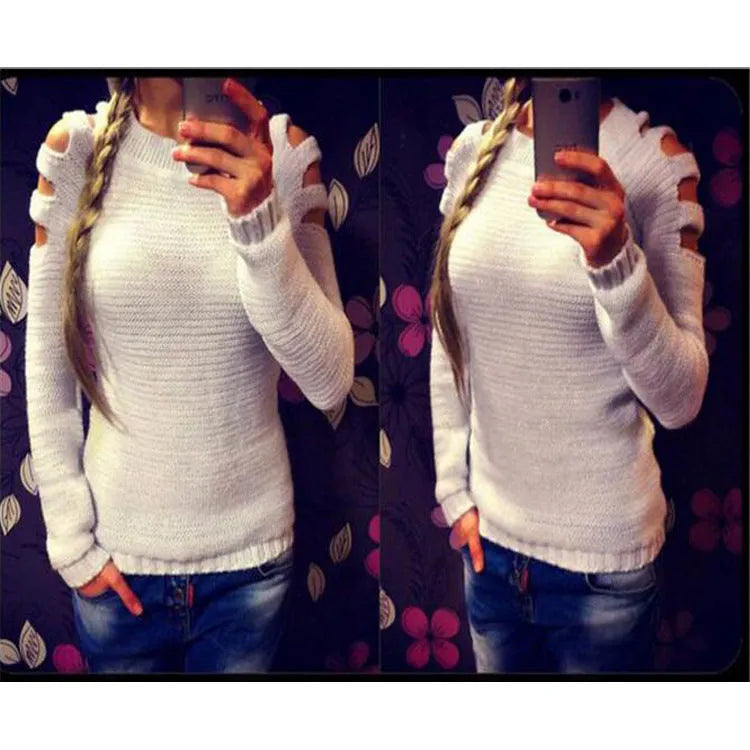 Women's white knitted shirt with hollow-out crochet patterns and round neck