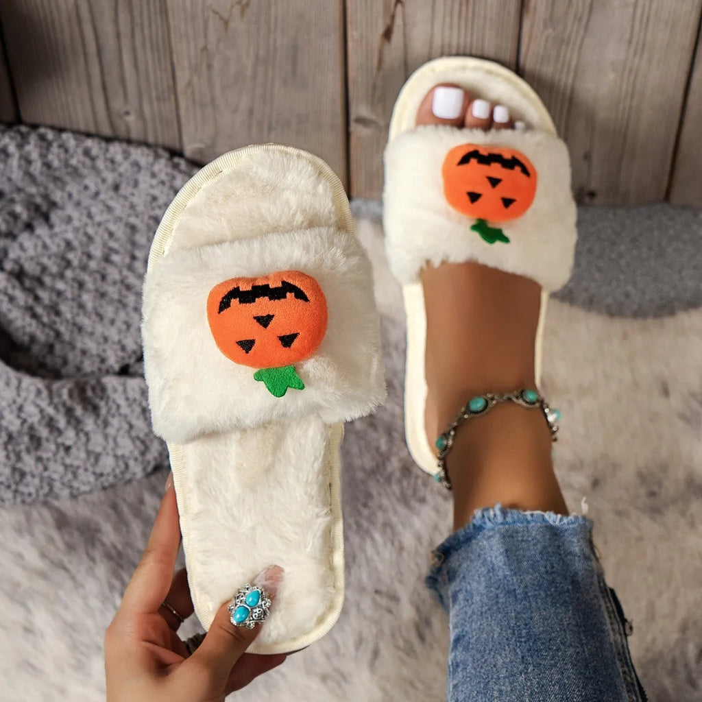 Halloween pumpkin plush slippers with cartoon design on synthetic fur upper, open toe style