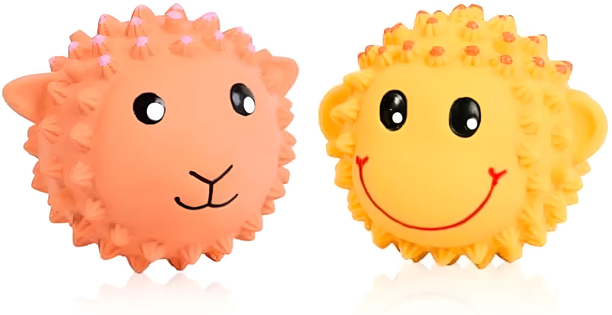 Orange and yellow spiky latex squeaky dog toy for small medium breeds.