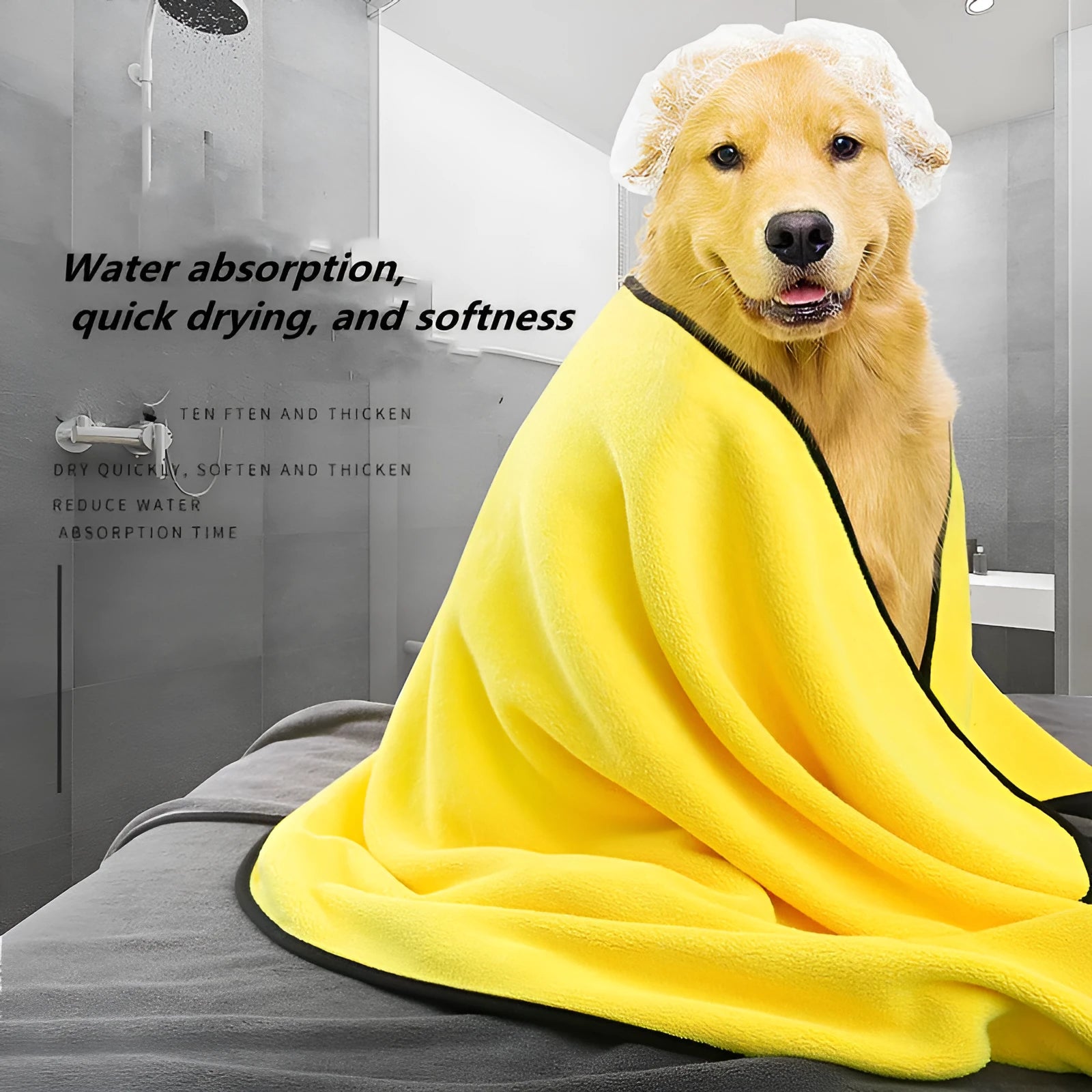 Yellow microfiber pet drying towel with hook, three sizes 30x60cm, 50x100cm, 70x140cm