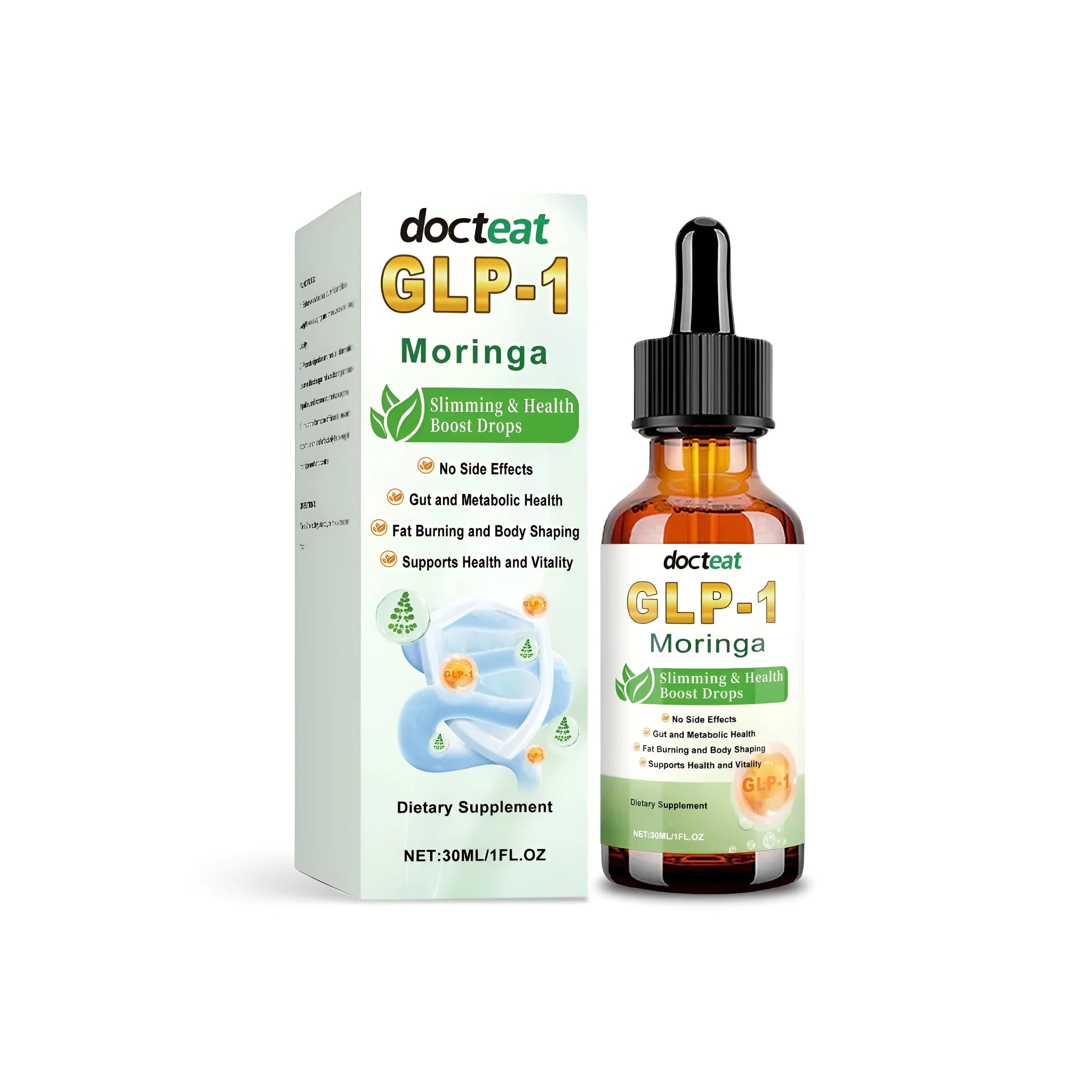 30ml bottle of clear health supplement drops with a dropper, containing NAD+, Moringa, and probiotic blend.