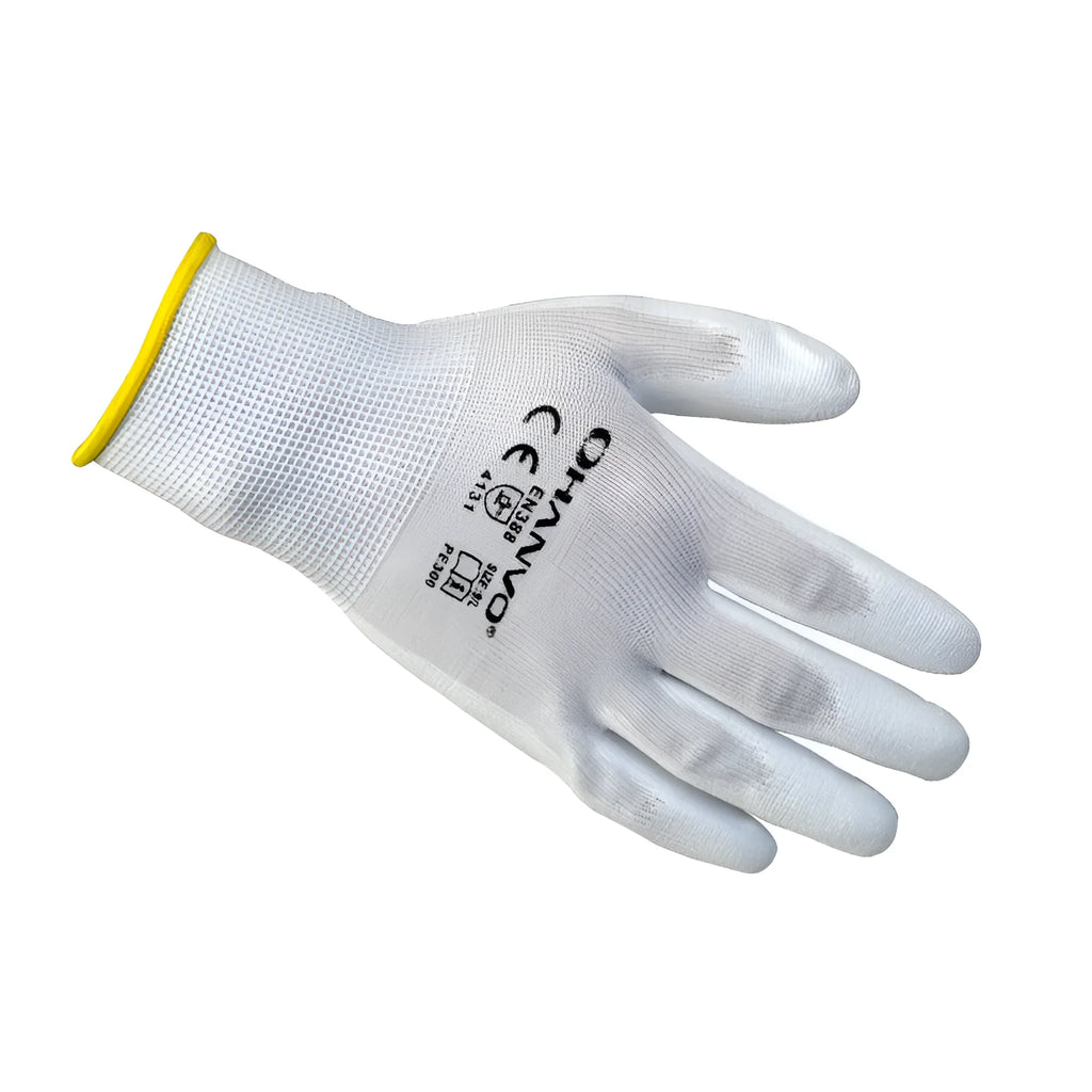 White PU coated labour gloves with breathable latex backing showing 24 cm length measurement