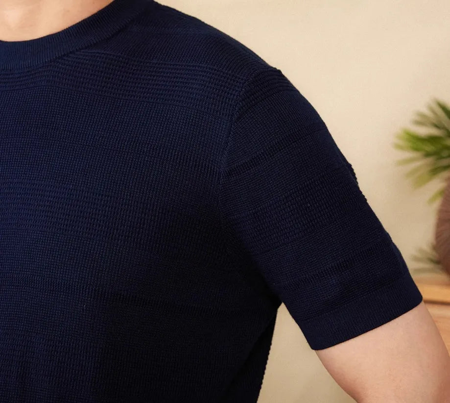 Retro style pure cotton short sleeve t-shirt in off-white and royal blue colours on a size chart.