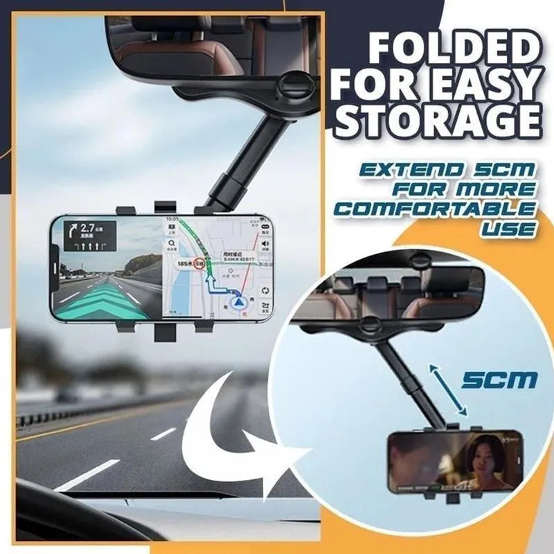 Black rearview mirror car phone holder with telescopic arm and four-claw bracket on a car mirror.