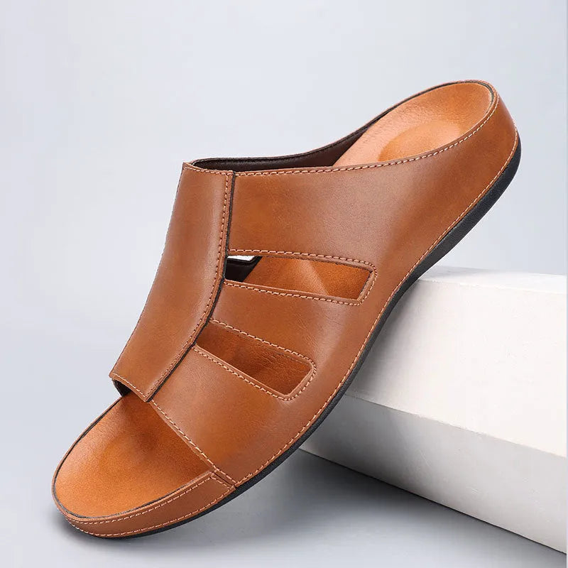 Men's PU leather flip flops in black, khaki, light brown, dark brown, and yellow brown, sizes 40 to 46