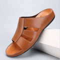 Men's PU leather flip flops in black, khaki, light brown, dark brown, and yellow brown, sizes 40 to 46